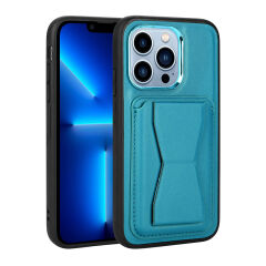 iPhone 13 Pro Max Kılıf Kartlıklı Standlı ​Pu Deri Memo Kapak Mavi