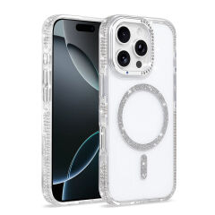 iPhone 16 Pro Kılıf Premium M-Safe Şarj Özellikli Şeffaf Kenari Taşli Simli Tera Silikon Kapak Mürdüm