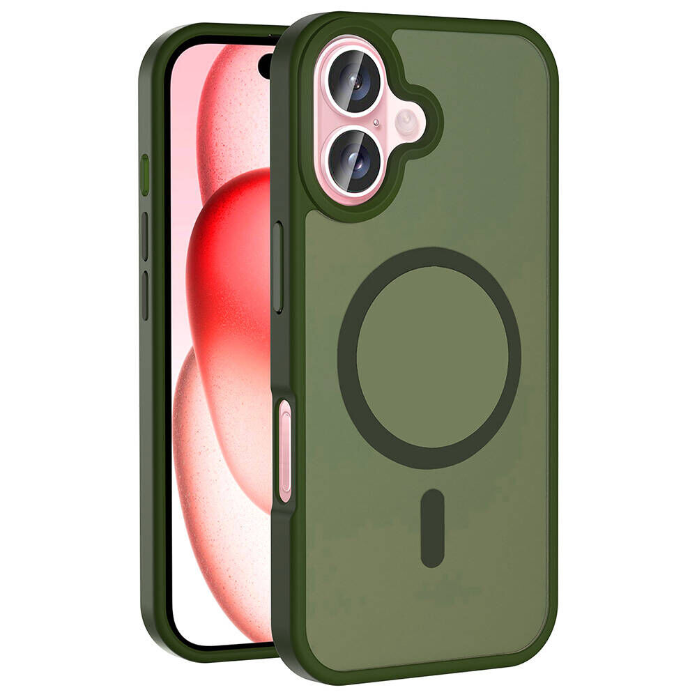 iPhone 16 Plus Kılıf Kablosuz Şarj Özellikli Mat Arka Yüzey Sio Kapak Koyu Yeşil