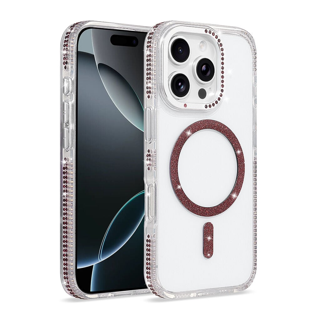 iPhone 16 Pro Kılıf Premium M-Safe Şarj Özellikli Şeffaf Kenari Taşli Simli Tera Silikon Kapak Mürdüm