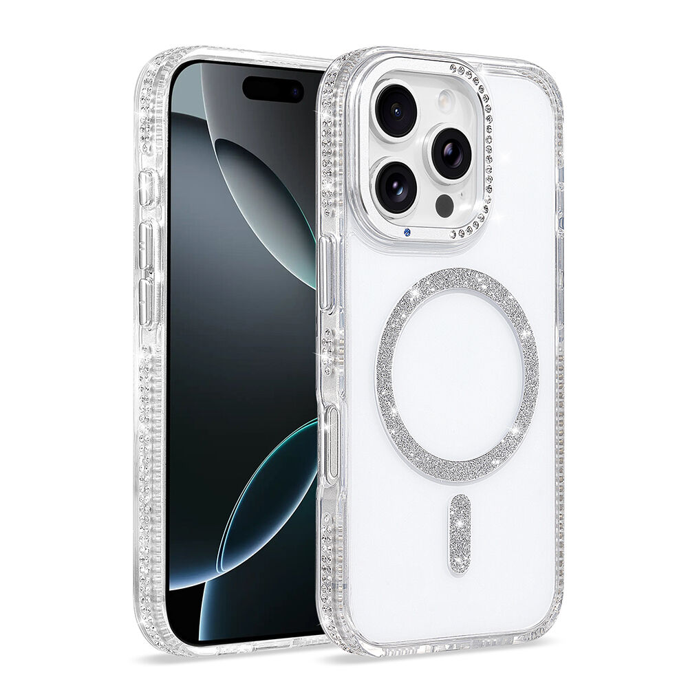 iPhone 16 Pro Kılıf Premium M-Safe Şarj Özellikli Şeffaf Kenari Taşli Simli Tera Silikon Kapak Şeffaf