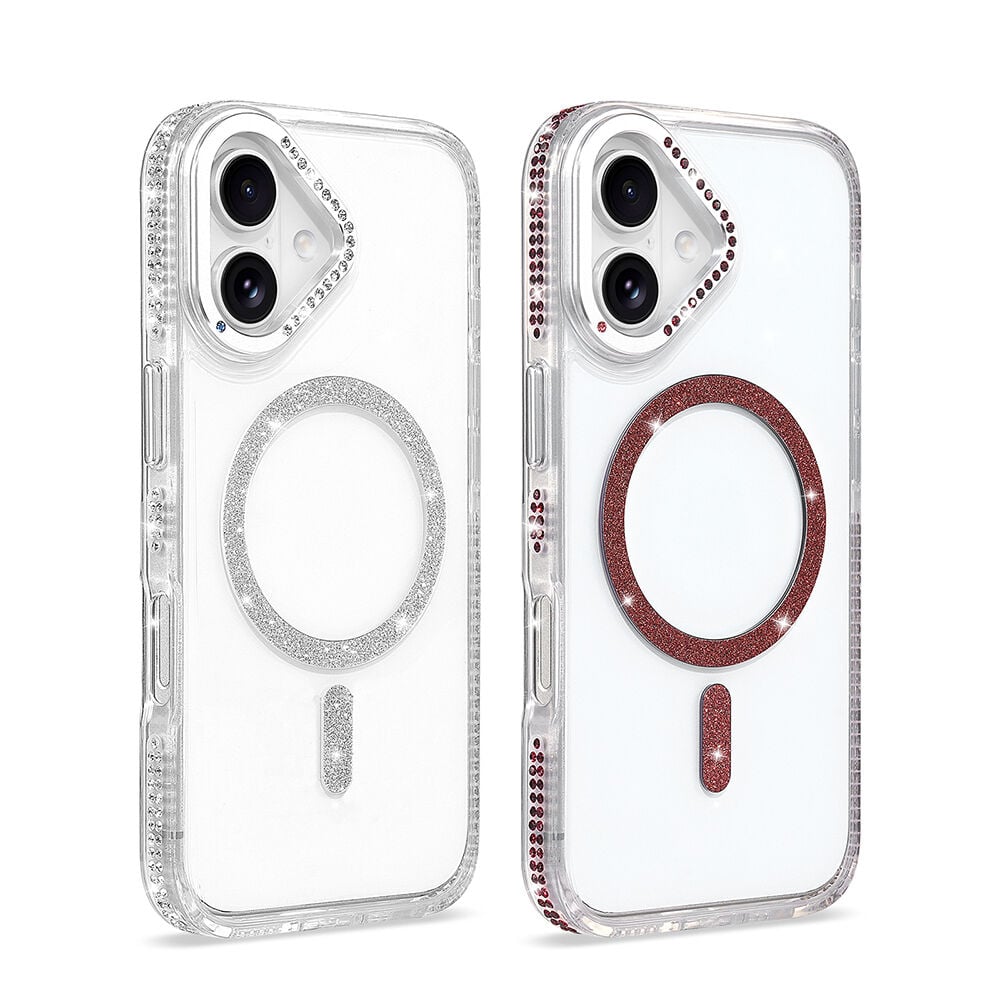 iPhone 16 Kılıf Premium M-Safe Şarj Özellikli Şeffaf Kenari Taşli Simli Tera Silikon Kapak