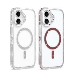 iPhone 16 Kılıf Premium M-Safe Şarj Özellikli Şeffaf Kenari Taşli Simli Tera Silikon Kapak
