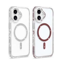 iPhone 16 Kılıf Premium M-Safe Şarj Özellikli Şeffaf Kenari Taşli Simli Tera Silikon Kapak