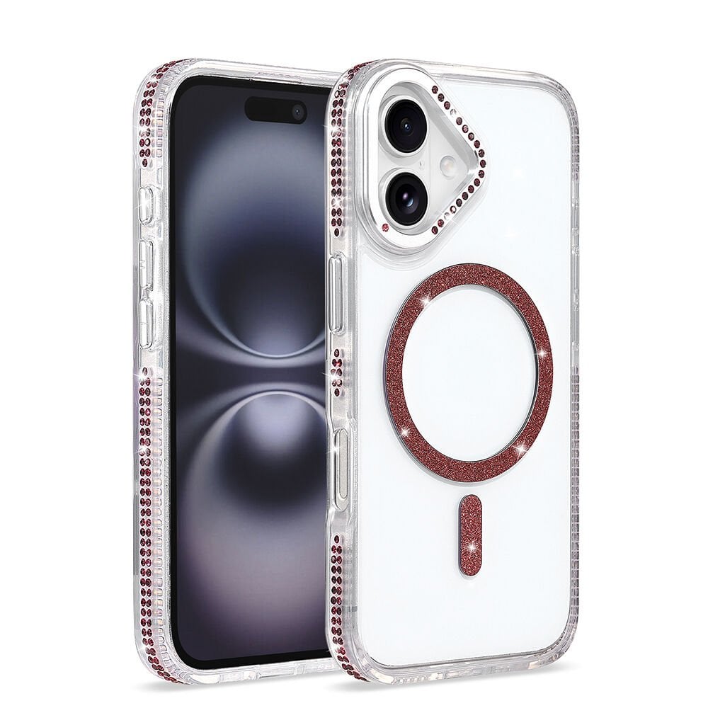 iPhone 16 Kılıf Premium M-Safe Şarj Özellikli Şeffaf Kenari Taşli Simli Tera Silikon Kapak Mürdüm
