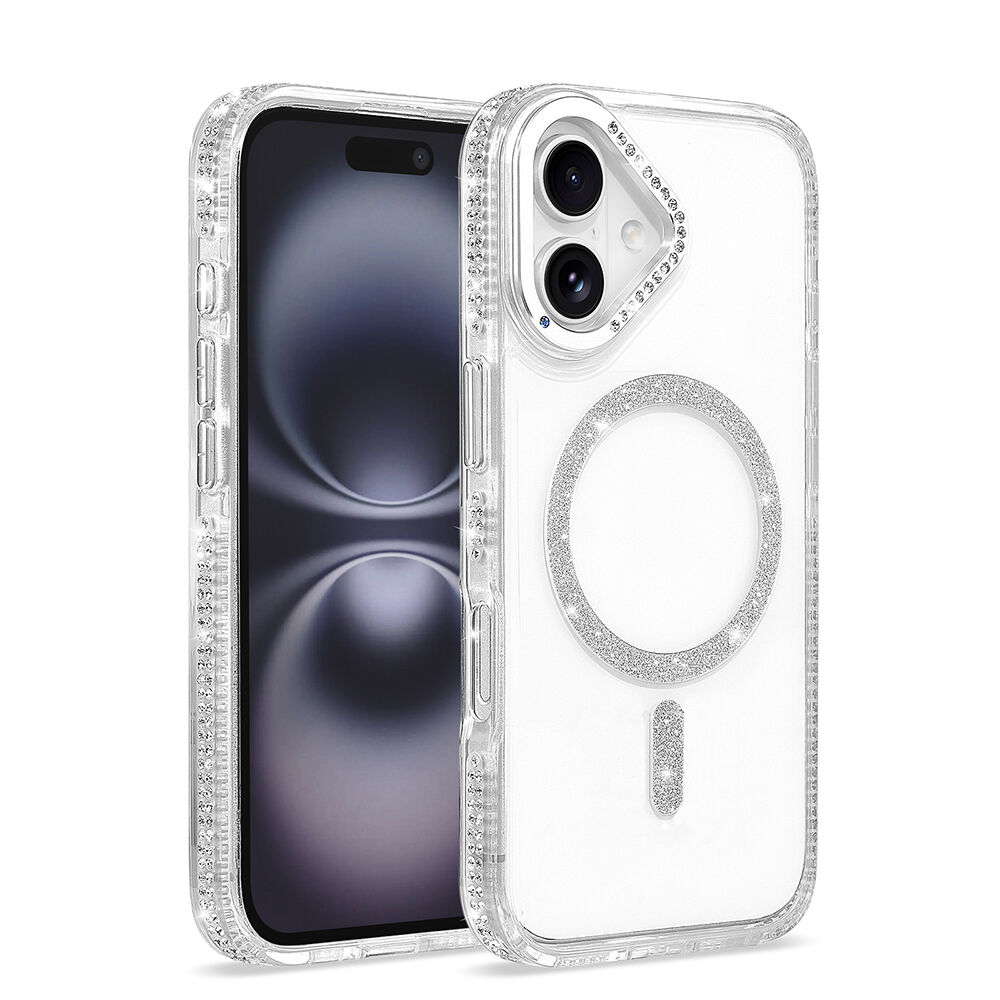 iPhone 16 Kılıf Premium M-Safe Şarj Özellikli Şeffaf Kenari Taşli Simli Tera Silikon Kapak Şeffaf