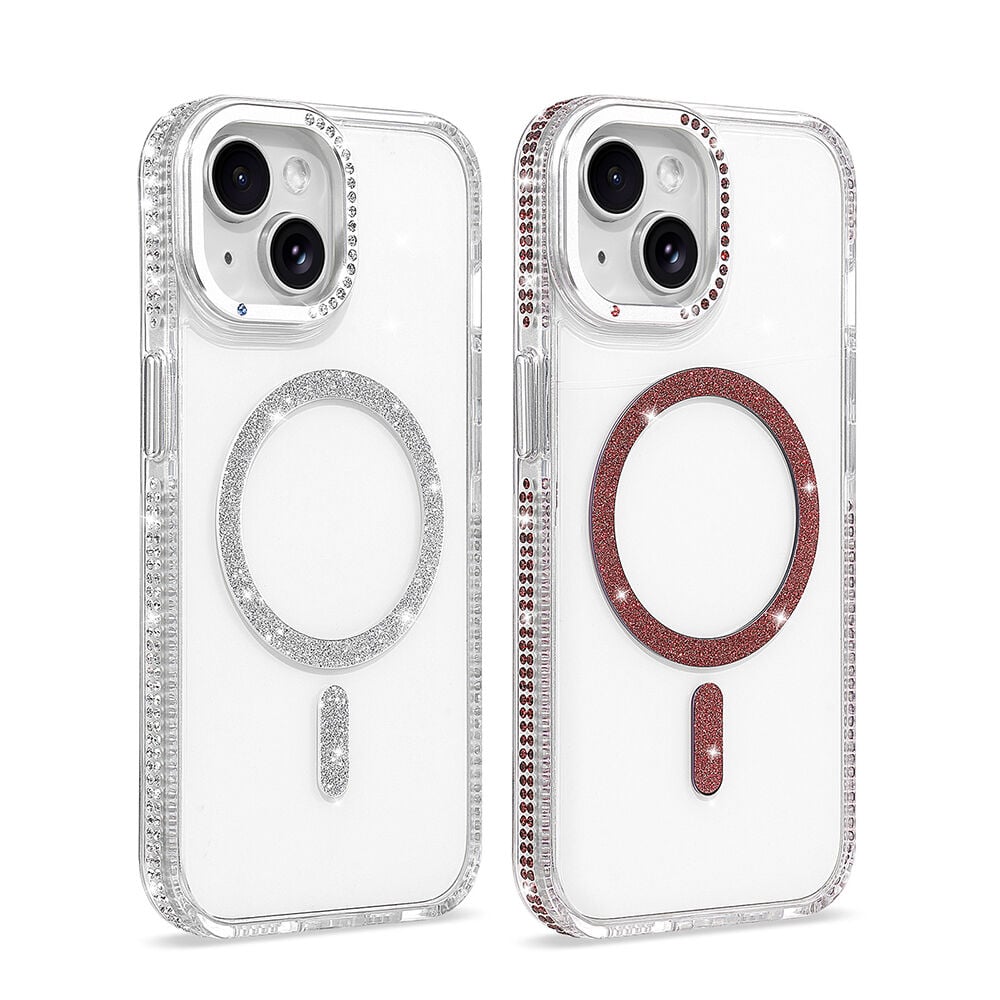 iPhone 15 Kılıf Premium M-Safe Şarj Özellikli Şeffaf Kenari Taşli Simli Tera Silikon Kapak