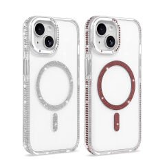 iPhone 15 Kılıf Premium M-Safe Şarj Özellikli Şeffaf Kenari Taşli Simli Tera Silikon Kapak