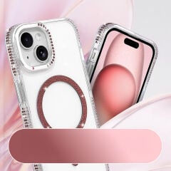 iPhone 15 Kılıf Premium M-Safe Şarj Özellikli Şeffaf Kenari Taşli Simli Tera Silikon Kapak