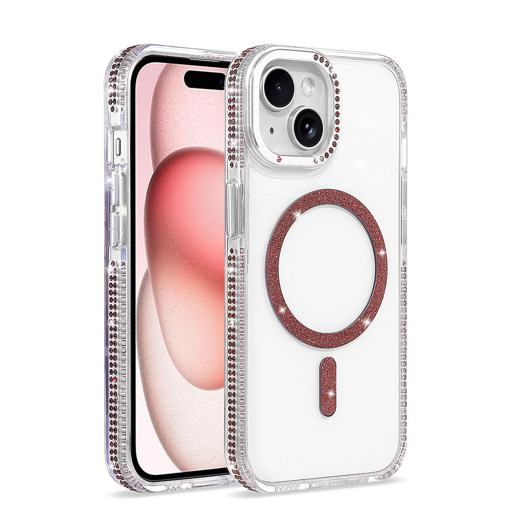 iPhone 15 Kılıf Premium M-Safe Şarj Özellikli Şeffaf Kenari Taşli Simli Tera Silikon Kapak Mürdüm