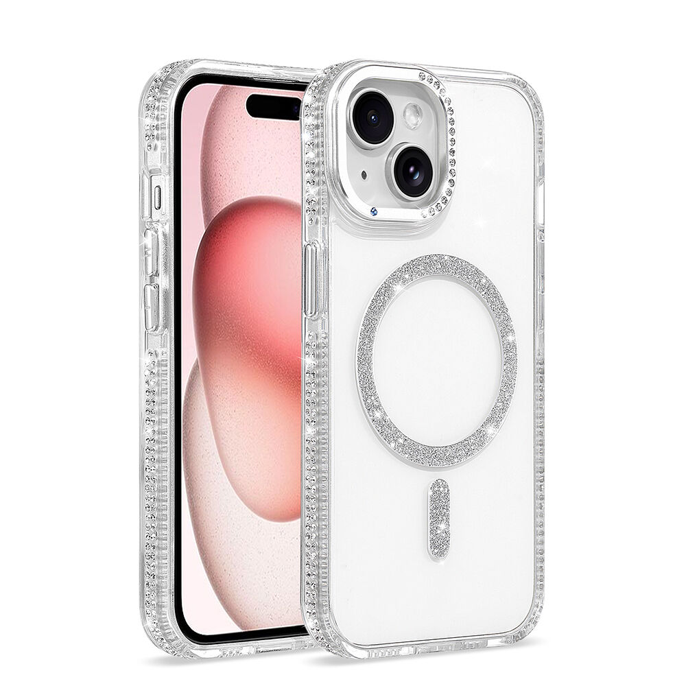 iPhone 15 Kılıf Premium M-Safe Şarj Özellikli Şeffaf Kenari Taşli Simli Tera Silikon Kapak Şeffaf