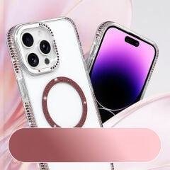 iPhone 14 Pro Max Kılıf Premium M-Safe Şarj Özellikli Şeffaf Kenari Taşli Simli Tera Silikon Kapak