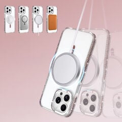 iPhone 14 Pro Max Kılıf Premium M-Safe Şarj Özellikli Şeffaf Kenari Taşli Simli Tera Silikon Kapak