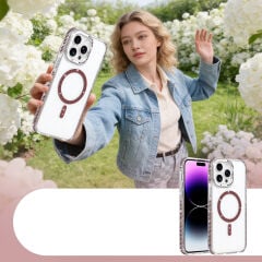 iPhone 14 Pro Max Kılıf Premium M-Safe Şarj Özellikli Şeffaf Kenari Taşli Simli Tera Silikon Kapak
