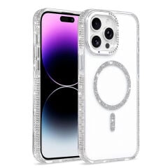 iPhone 14 Pro Max Kılıf Premium M-Safe Şarj Özellikli Şeffaf Kenari Taşli Simli Tera Silikon Kapak