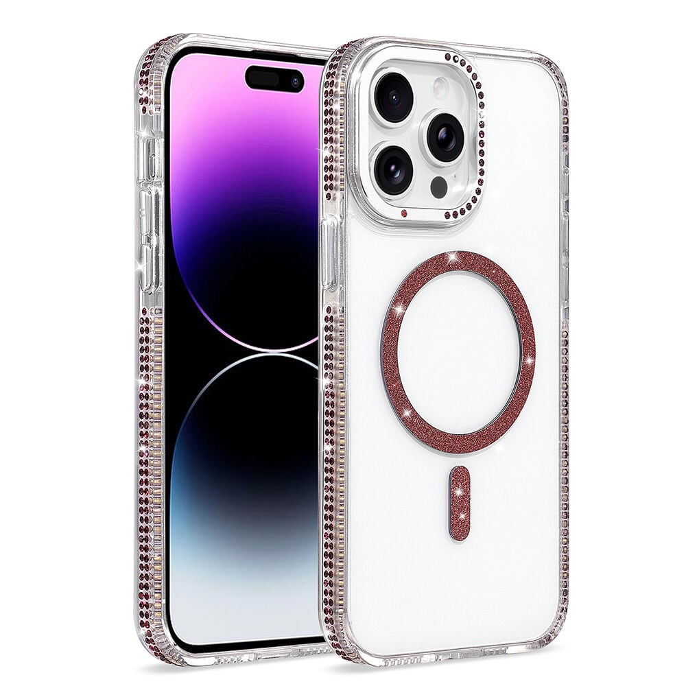 iPhone 14 Pro Max Kılıf Premium M-Safe Şarj Özellikli Şeffaf Kenari Taşli Simli Tera Silikon Kapak Mürdüm