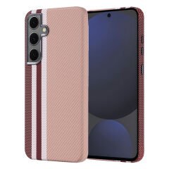 Samsung Galaxy S24 FE Kılıf Kablosuz Şarj Özellikli Karbon Fiber Görünümlü Nekst Kapak Gold