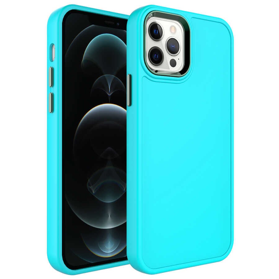 iPhone 12 Pro Kılıf Metal Çerçeve ve Buton Tasarımlı Sert Botox Kapak Turkuaz