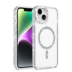 iPhone 14 Kılıf Premium M-Safe Şarj Özellikli Şeffaf Kenari Taşli Simli Tera Silikon Kapak