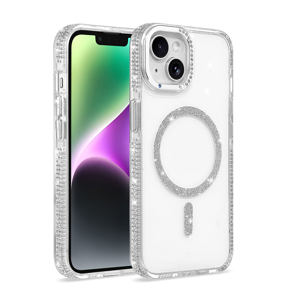 iPhone 14 Kılıf Premium M-Safe Şarj Özellikli Şeffaf Kenari Taşli Simli Tera Silikon Kapak Şeffaf