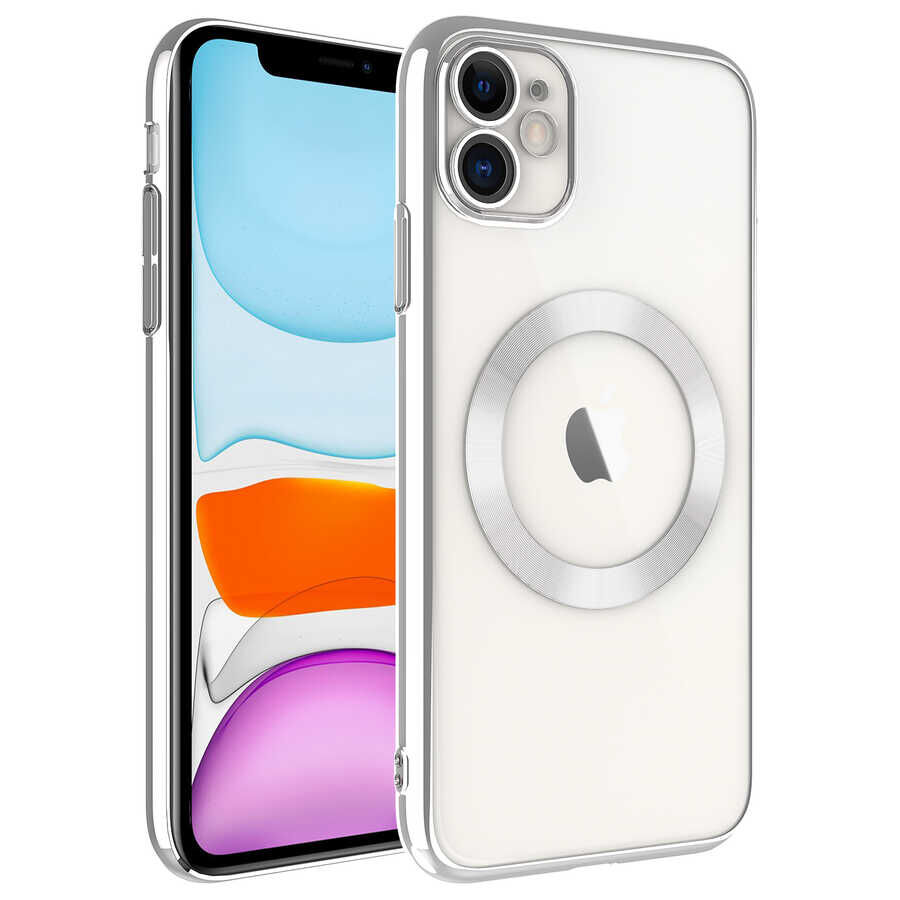 iPhone 11 Kılıf Wireless Şarj Özellikli Sert PC Riksos Magsafe Kapak Gümüş