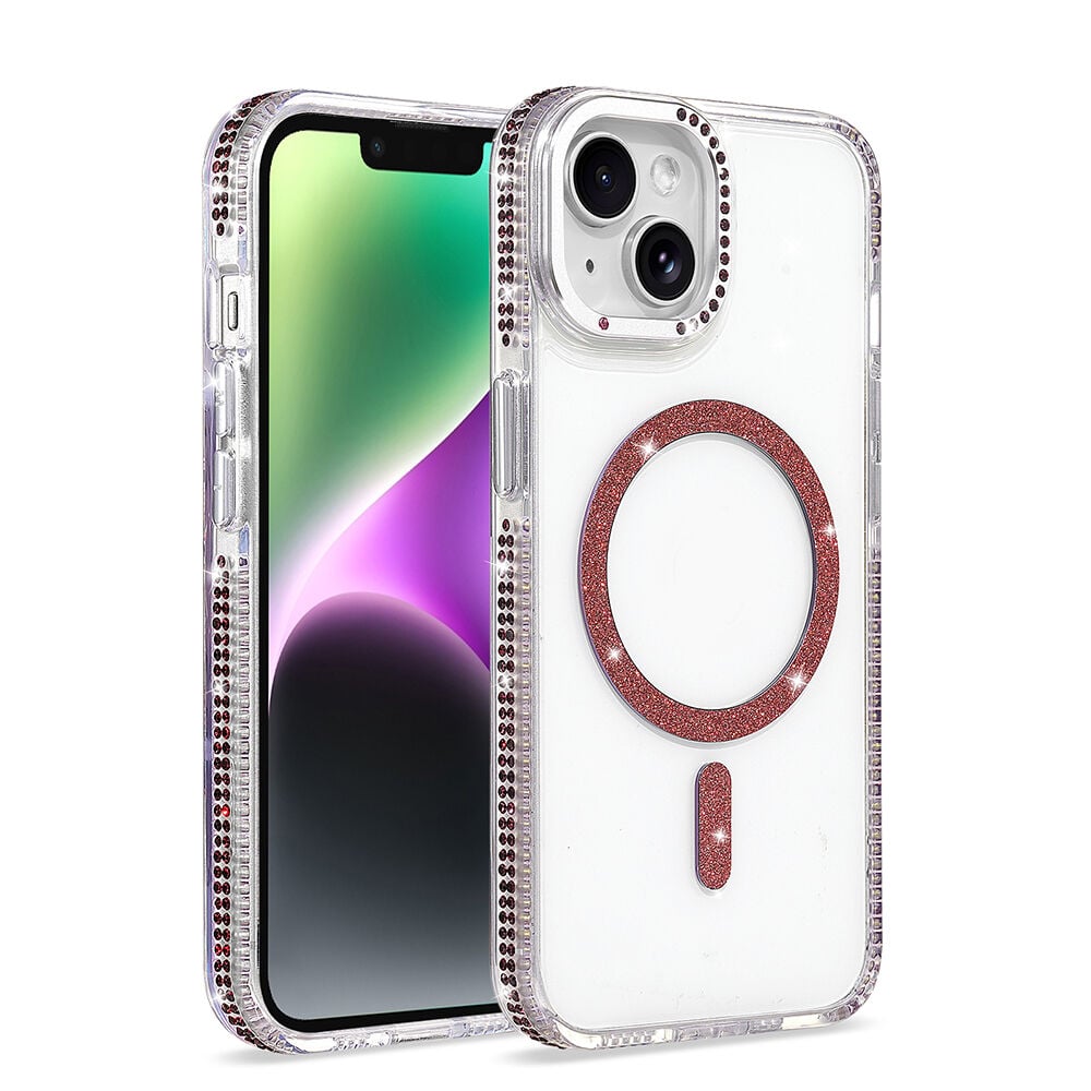iPhone 14 Kılıf Premium M-Safe Şarj Özellikli Şeffaf Kenari Taşli Simli Tera Silikon Kapak Mürdüm