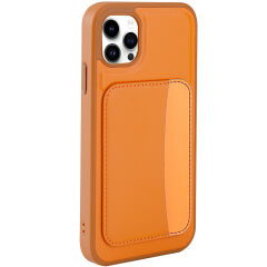 iPhone 11 Uyumlu Kartlıklı Süni Deri X-Kart Cüzdan Silikon Kapak Turuncu