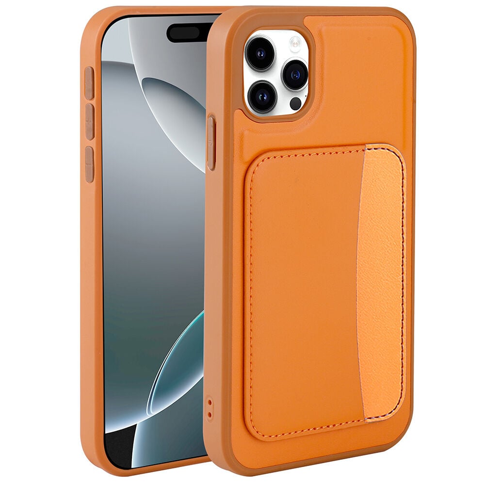 iPhone 11 Uyumlu Kartlıklı Süni Deri X-Kart Cüzdan Silikon Kapak Turuncu