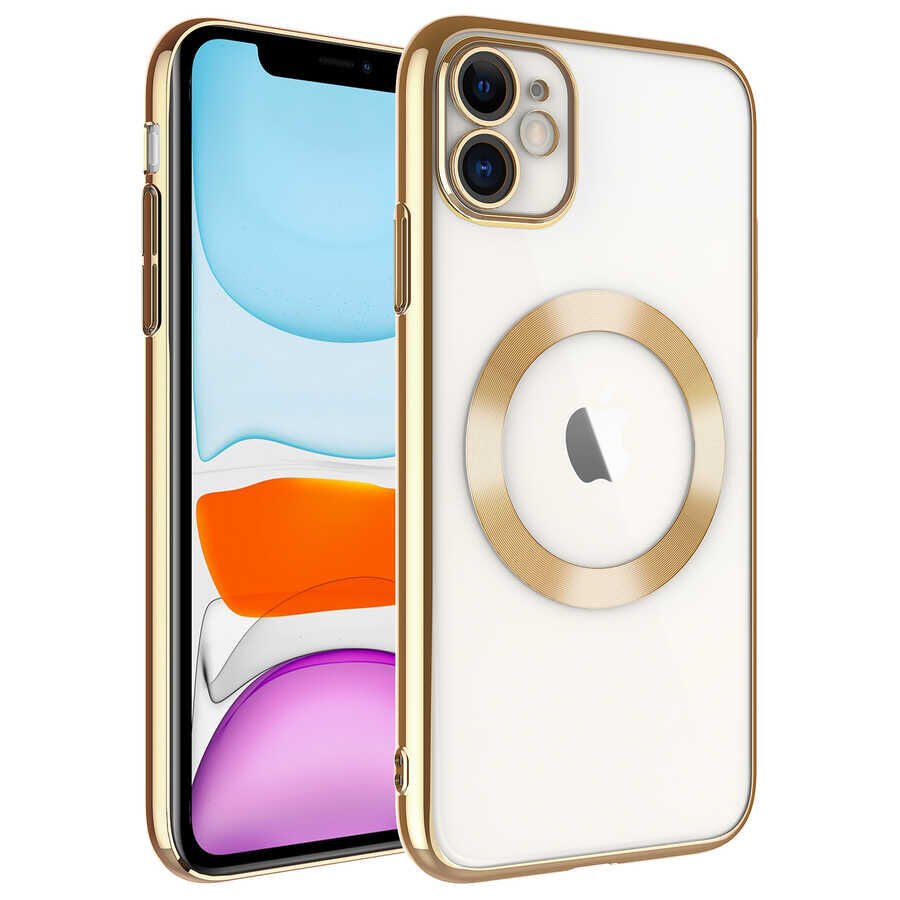 iPhone 11 Kılıf Wireless Şarj Özellikli Sert PC Riksos Magsafe Kapak Gold