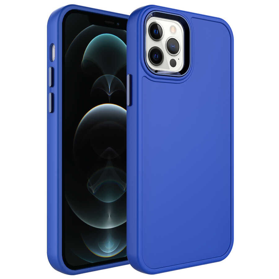 iPhone 12 Pro Kılıf Metal Çerçeve ve Buton Tasarımlı Sert Botox Kapak Saks Mavi