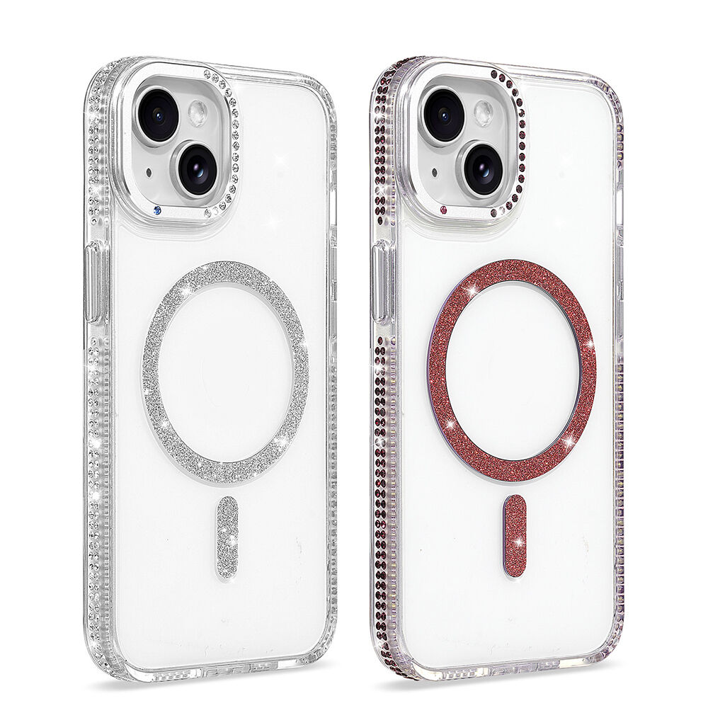 iPhone 13 Kılıf Premium M-Safe Şarj Özellikli Şeffaf Kenari Taşli Simli Tera Silikon Kapak