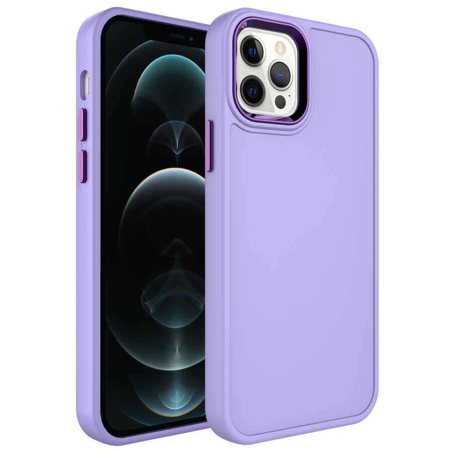 iPhone 12 Pro Kılıf Metal Çerçeve ve Buton Tasarımlı Sert Botox Kapak Lila