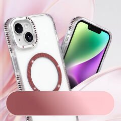 iPhone 13 Kılıf Premium M-Safe Şarj Özellikli Şeffaf Kenari Taşli Simli Tera Silikon Kapak Mürdüm