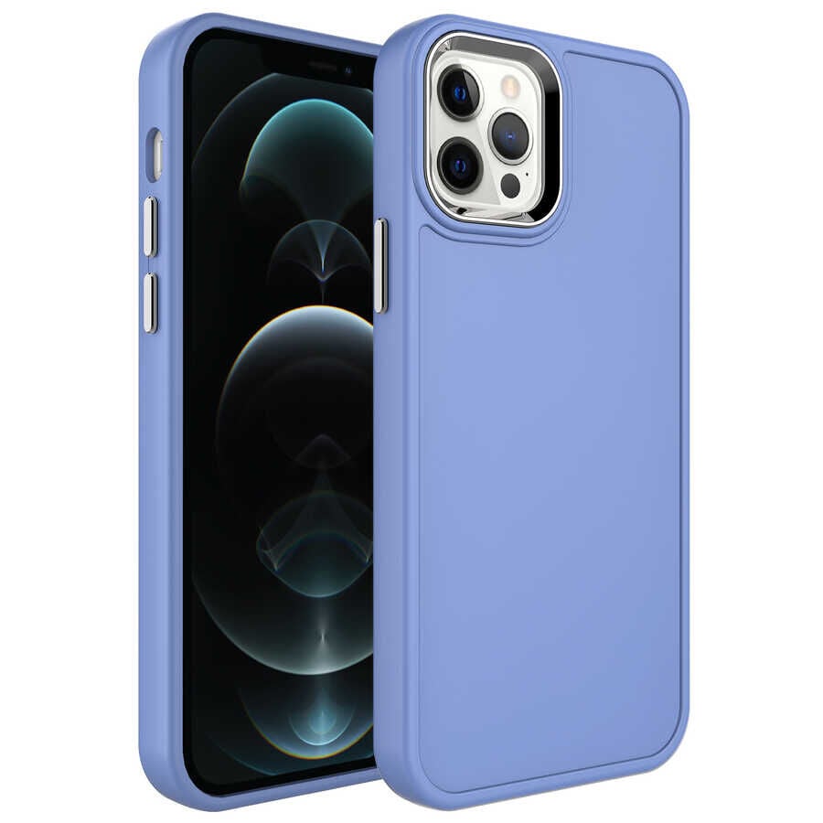 iPhone 12 Pro Kılıf Metal Çerçeve ve Buton Tasarımlı Sert Botox Kapak Lavendery Gray