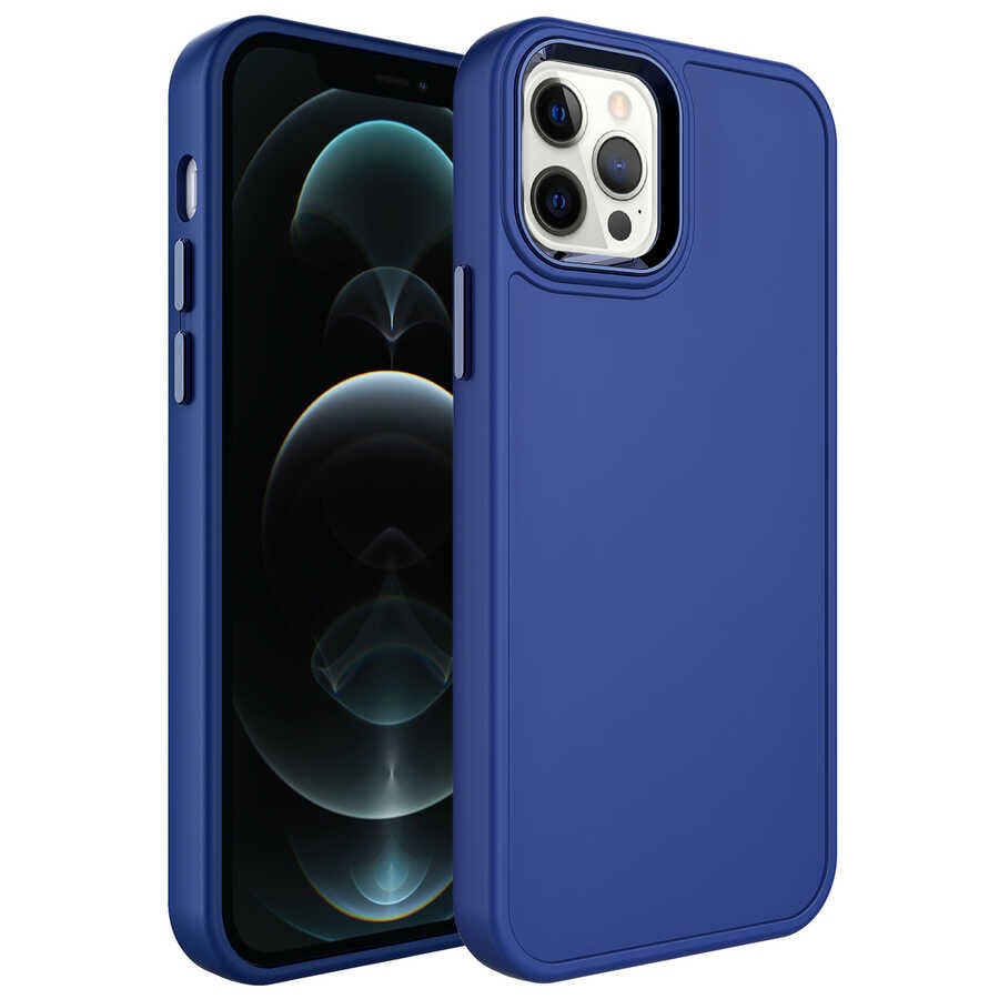 iPhone 12 Pro Kılıf Metal Çerçeve ve Buton Tasarımlı Sert Botox Kapak Lacivert