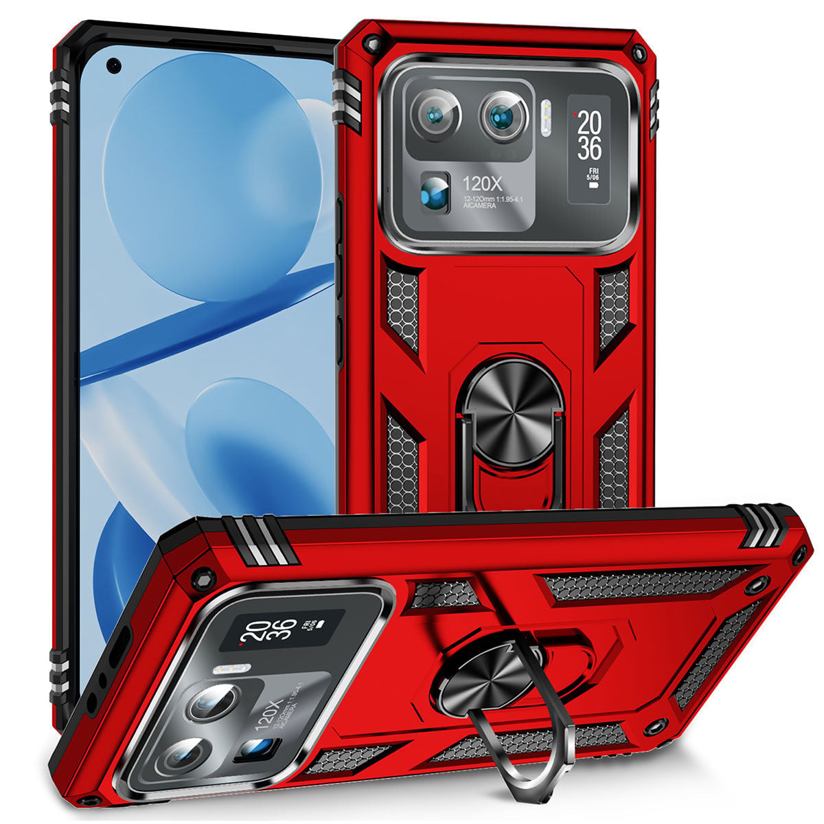 Xiaomi Mi 11 Ultra Kılıf Vega Tank Sert Yüzüklü Standlı Zırh Koruma Kapak Kırmızı