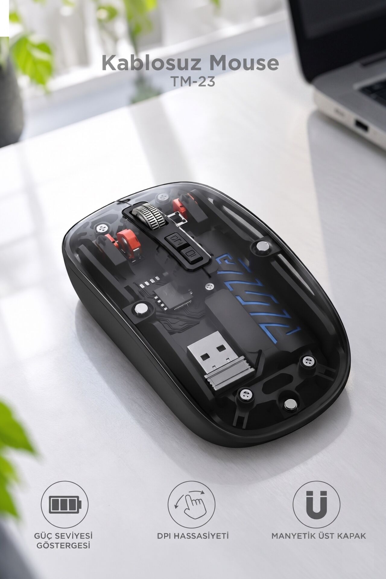 Şeffaf Çift Modlu Fare Bluetooth 5.2 + 2.4G Kablosuz Mouse TM23 Siyah