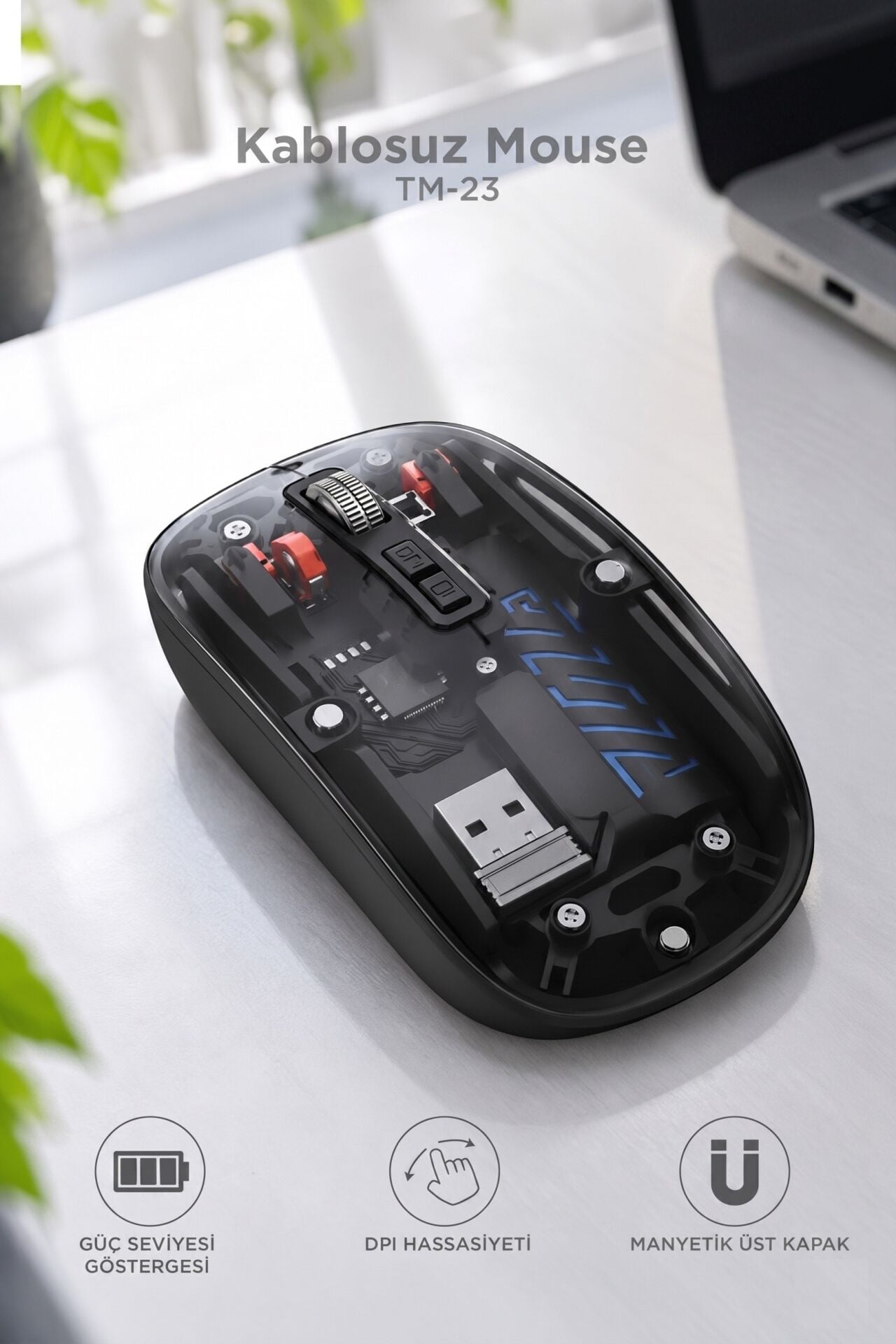 Şeffaf Çift Modlu Fare Bluetooth 5.2 + 2.4G Kablosuz Mouse TM23 Siyah