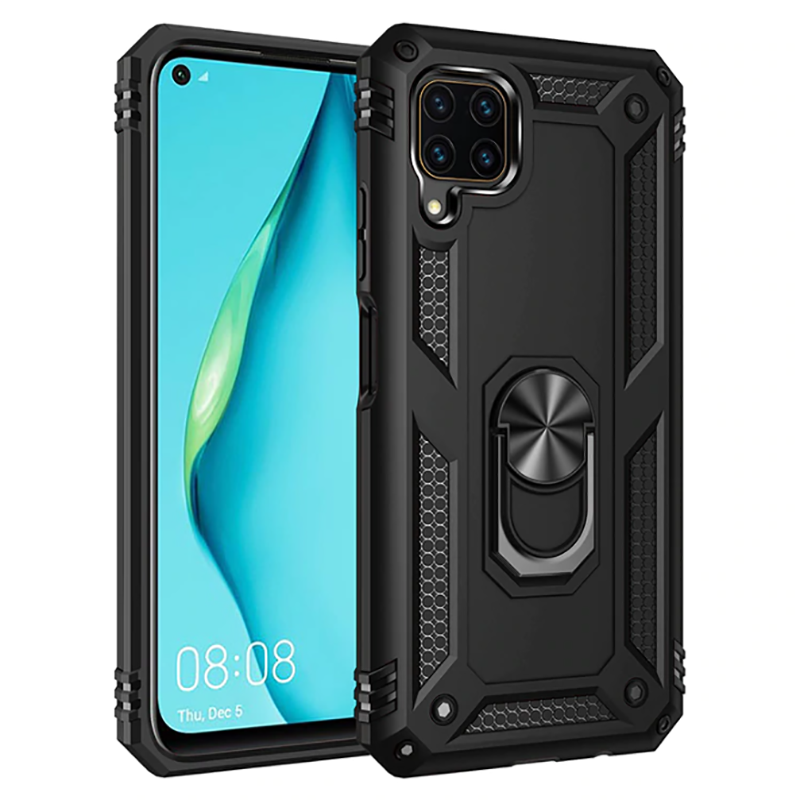 Huawei P40 Lite Kılıf Vega Tank Sert Yüzüklü Standlı Zırh Koruma Kapak Siyah