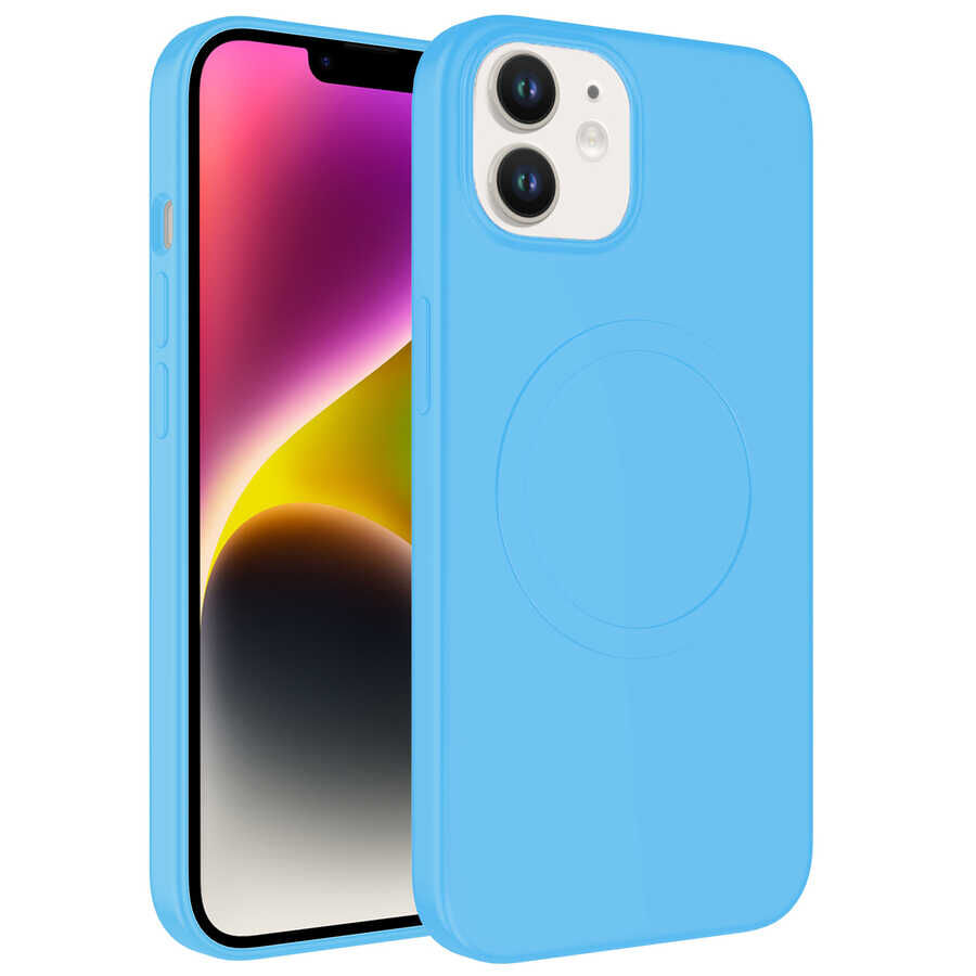 iPhone 11 Kılıf Magsafe Wireless Şarj Özellikli Pastel Renk Silikon Plas Kapak Mavi Açık