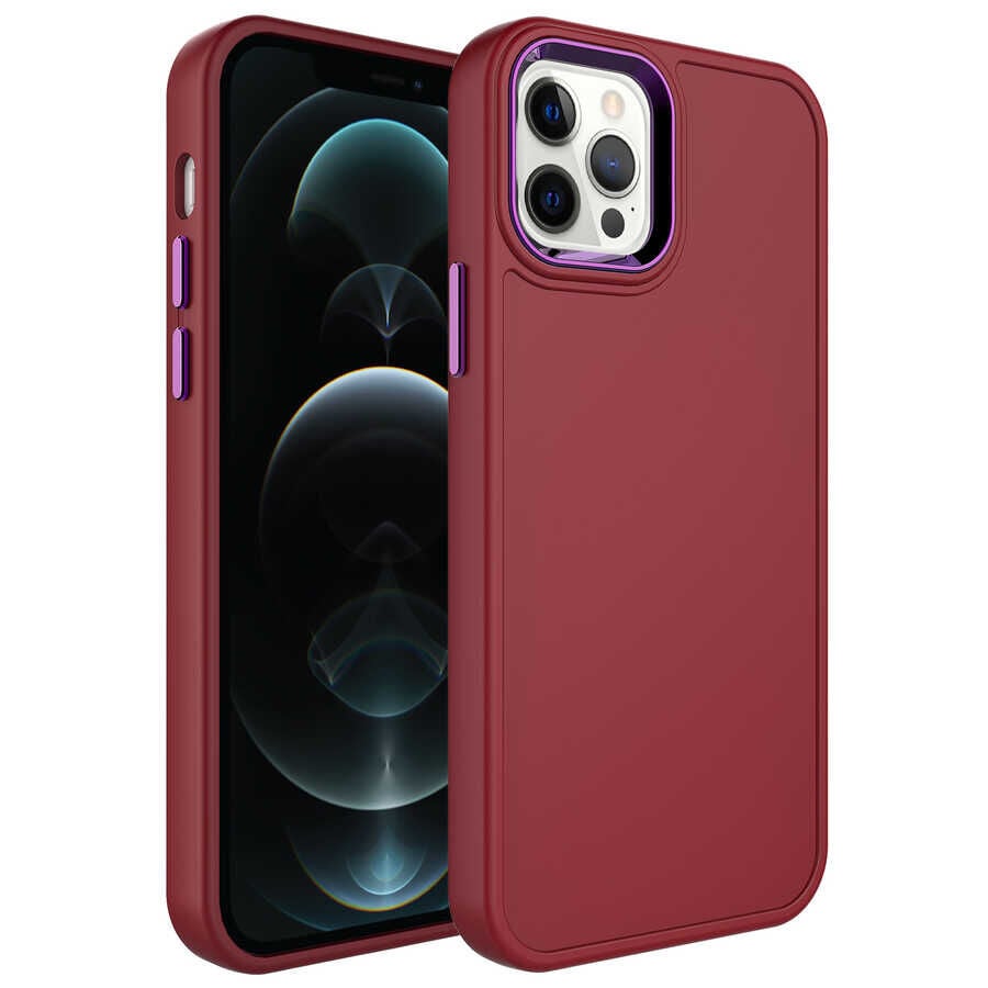 iPhone 12 Pro Kılıf Metal Çerçeve ve Buton Tasarımlı Sert Botox Kapak Koyu Mor