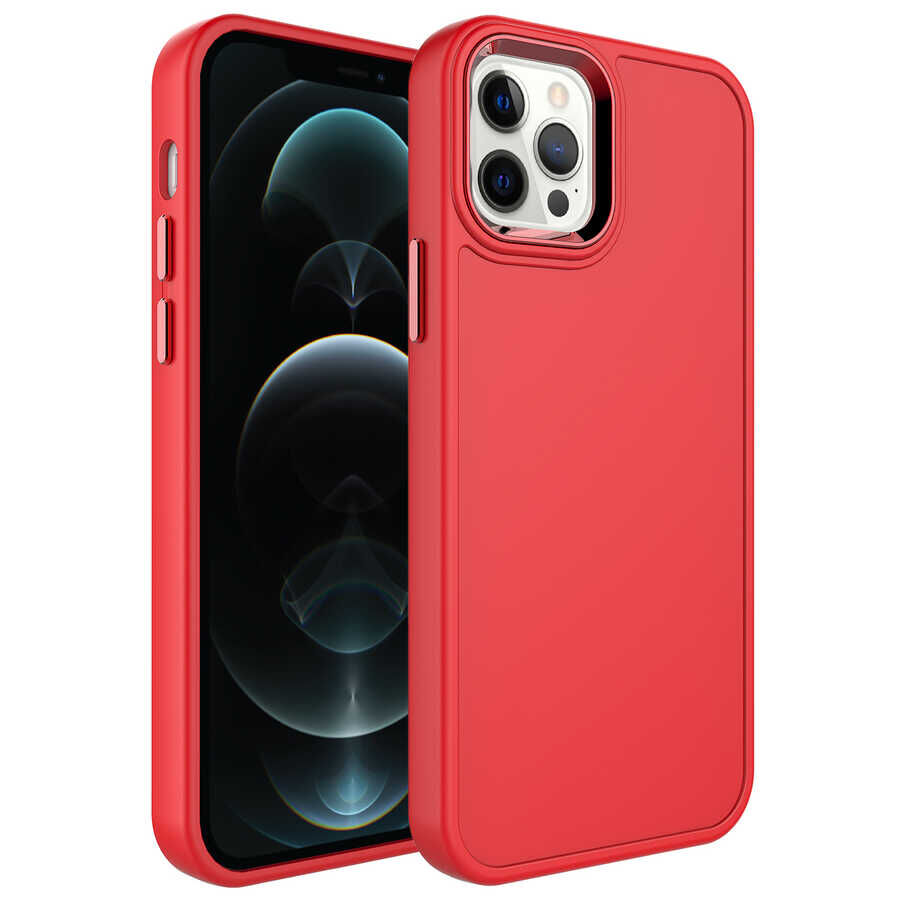 iPhone 12 Pro Kılıf Metal Çerçeve ve Buton Tasarımlı Sert Botox Kapak Kırmızı