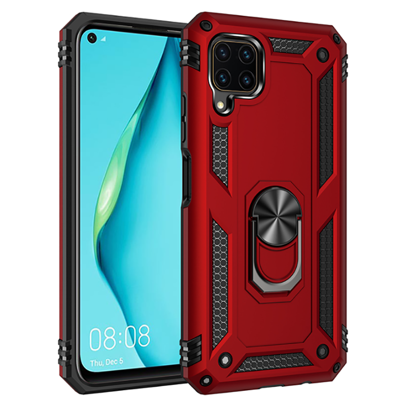 Huawei P40 Lite Kılıf Vega Tank Sert Yüzüklü Standlı Zırh Koruma Kapak Kırmızı