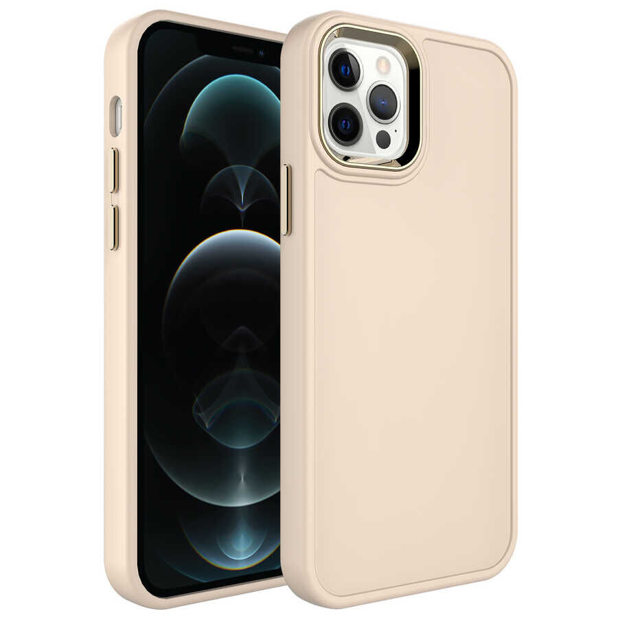 iPhone 12 Pro Kılıf Metal Çerçeve ve Buton Tasarımlı Sert Botox Kapak Krem