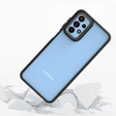 Samsung Galaxy A23 Kılıf Kamera Çıkıntılı Arkası Şeffaf Köşeleri Parlak Renkli Işlemeli Flora Kapak Mavi