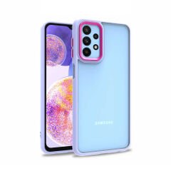 Samsung Galaxy A23 Kılıf Kamera Çıkıntılı Arkası Şeffaf Köşeleri Parlak Renkli Işlemeli Flora Kapak Mavi