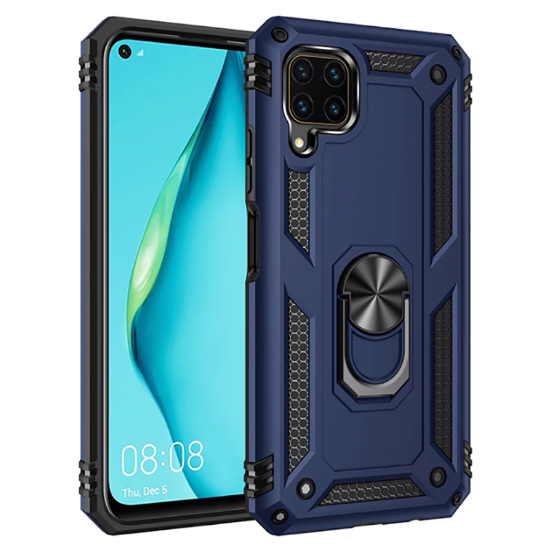 Huawei P40 Lite Kılıf Vega Tank Sert Yüzüklü Standlı Zırh Koruma Kapak Mavi