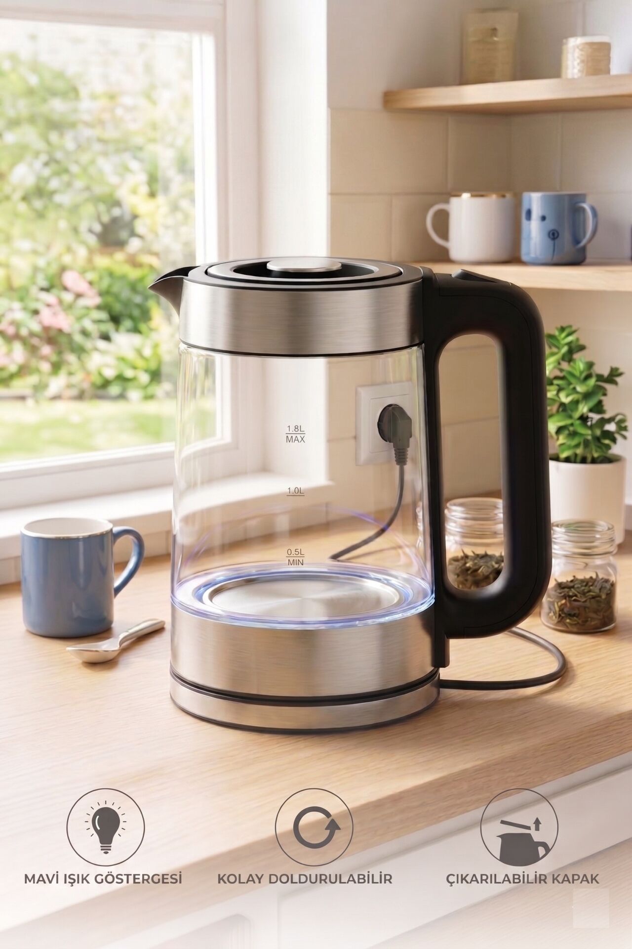 Cam Led Işıklı 1500W 1.8 L Kettle Su Isıtıcı