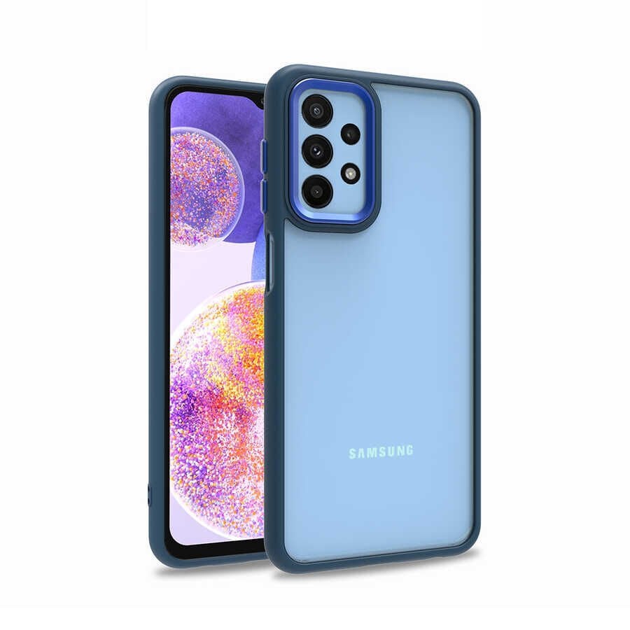Samsung Galaxy A23 Kılıf Kamera Çıkıntılı Arkası Şeffaf Köşeleri Parlak Renkli Işlemeli Flora Kapak Mavi