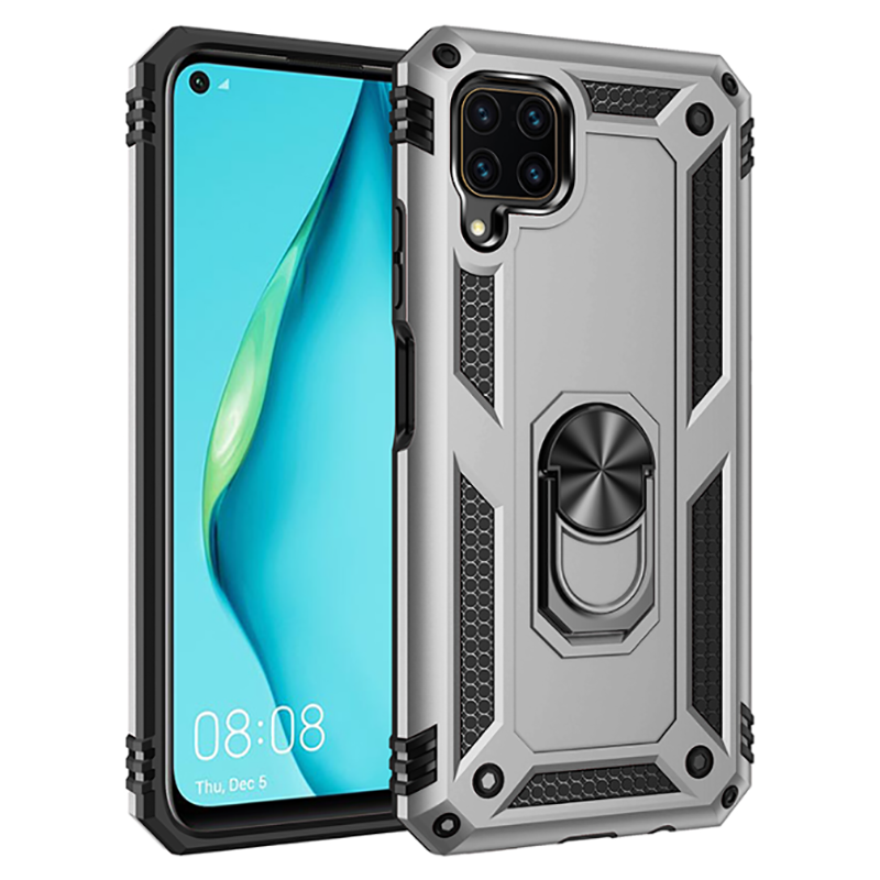 Huawei P40 Lite Kılıf Vega Tank Sert Yüzüklü Standlı Zırh Koruma Kapak Gri